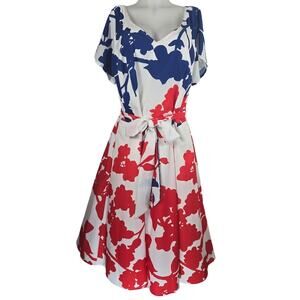 Eshakti Custom Made White Red Blue Belted Women's Dress L 12-14